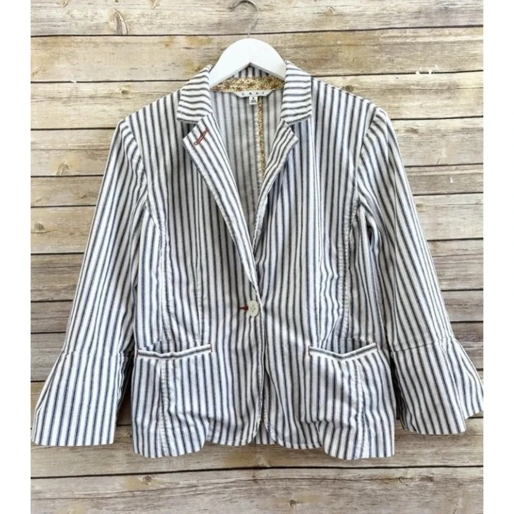 CAbi Blazer Jacket Women's Size 18 Ticking Stripe Bell Sleeve Nautical Style 793